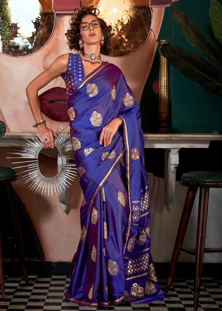 Purplish Blue Zari Woven Satin Silk Saree with Brocade Blouse 