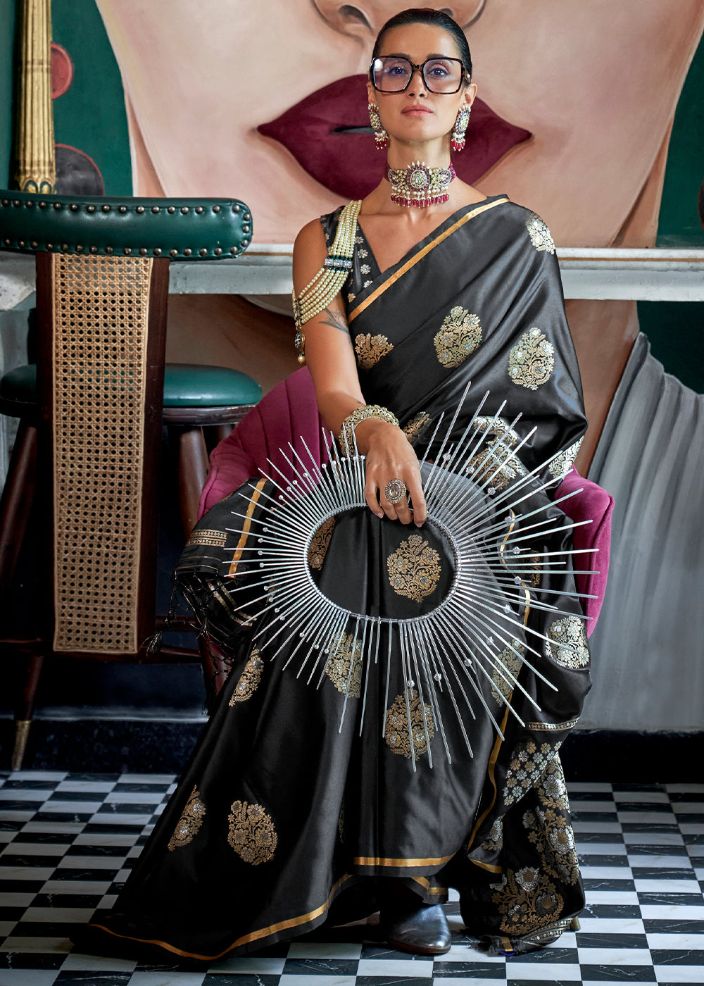 Onyx black zari-woven satin silk saree with brocade blouse, traditional Indian attire