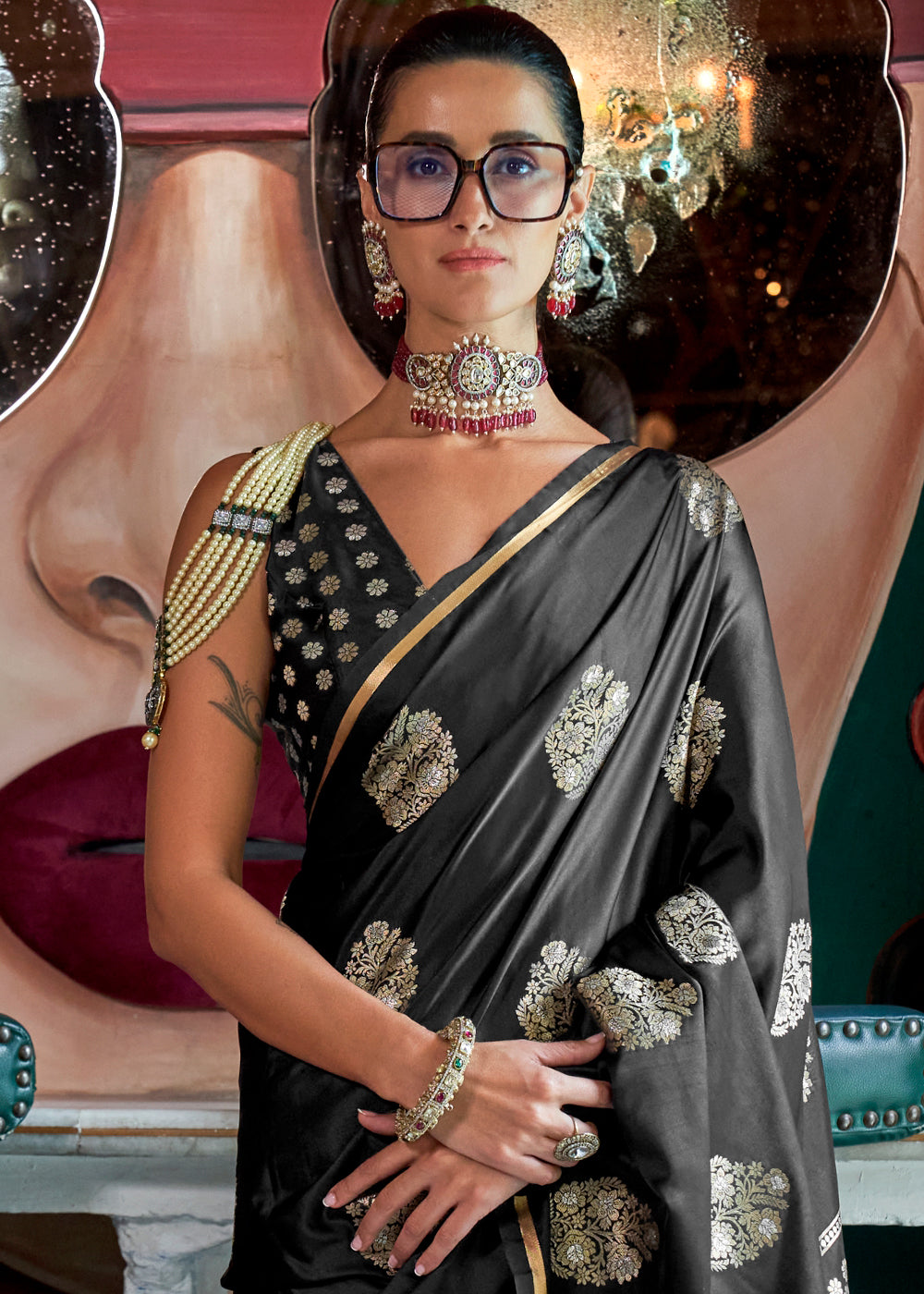  Luxurious Onyx Black satin silk saree with stunning brocade blouse 