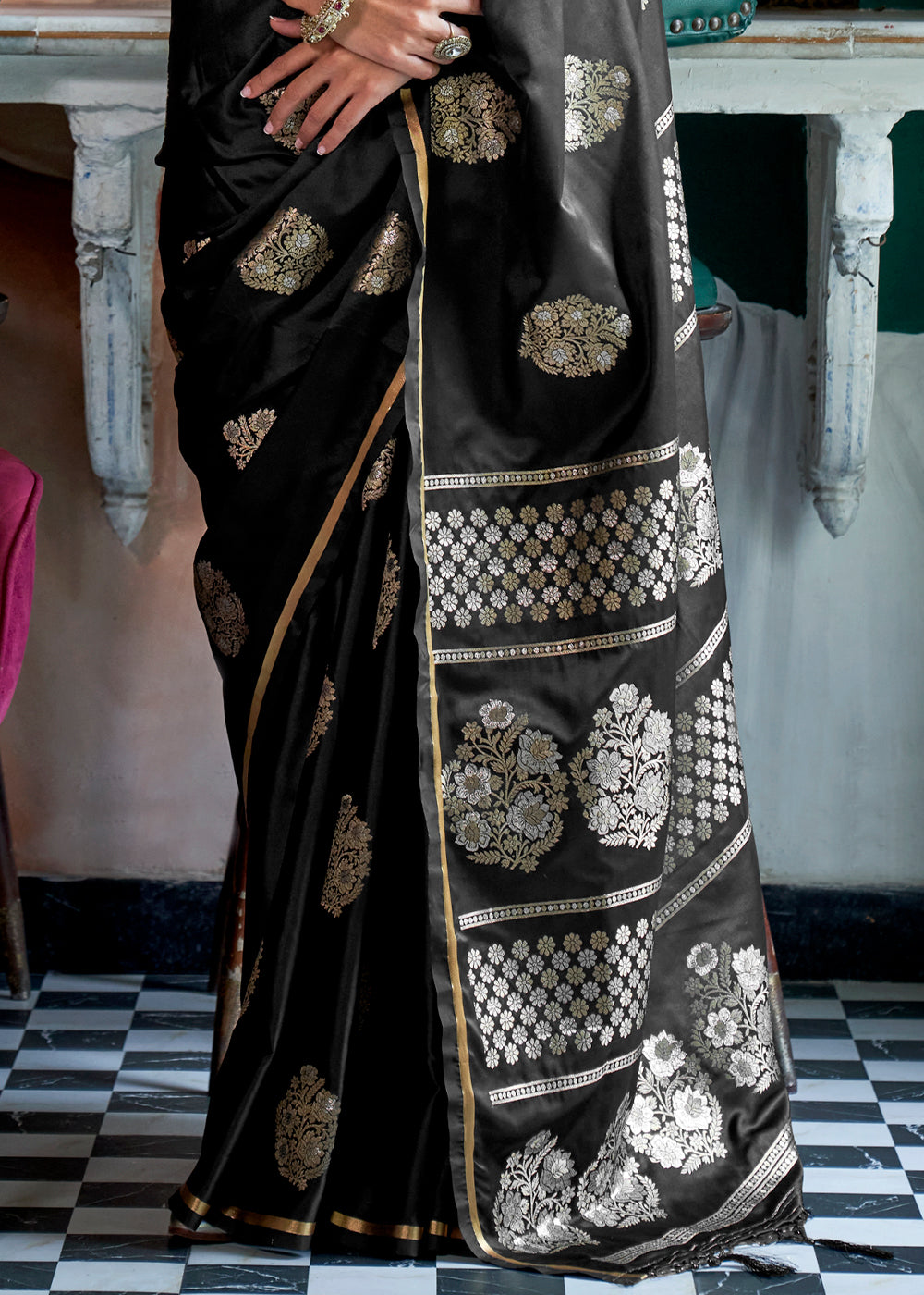 Elegant onyx black zari woven satin silk saree with intricate brocade blouse