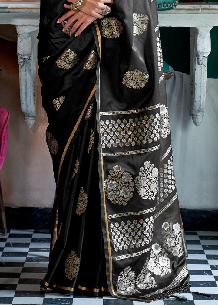 Onyx Black Zari Woven Satin Silk Saree with Brocade Blouse