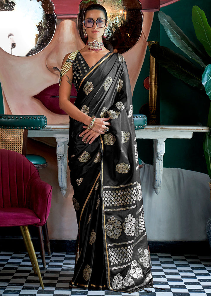 Onyx Black Zari Woven Satin Silk Saree with Brocade Blouse 