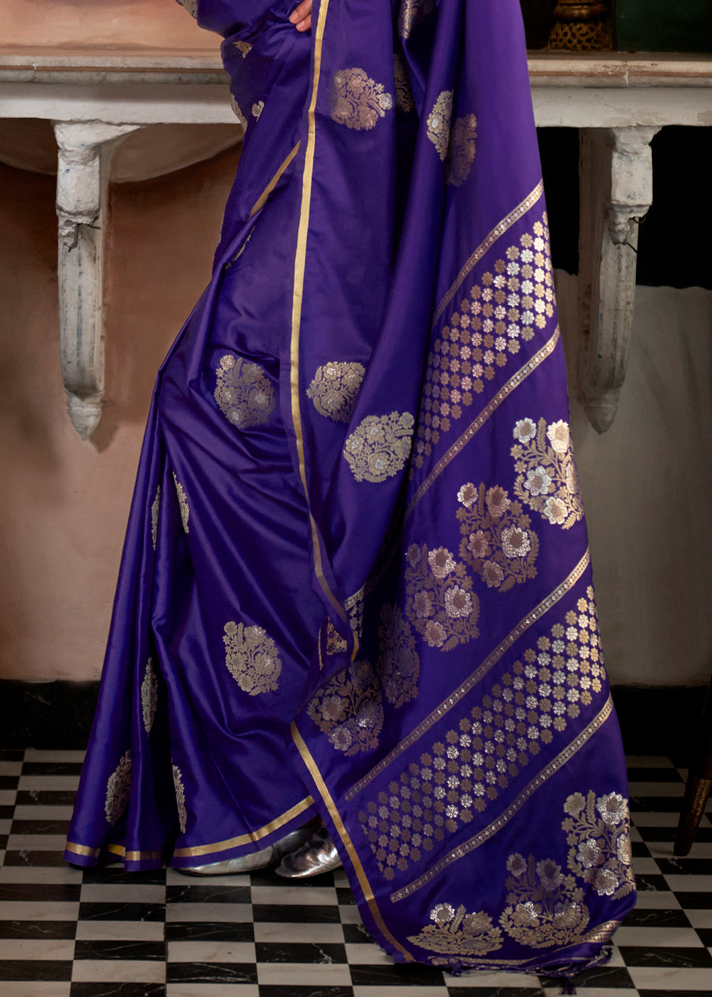 Indigo Purple Zari Woven Satin Silk Saree with Brocade Blouse - qivii