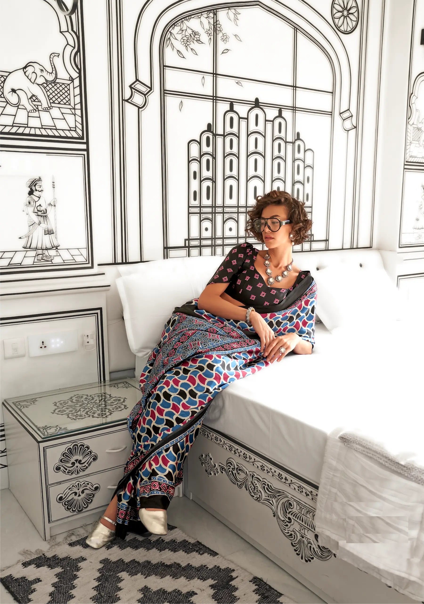 Black-Teal Ajrakh Printed Satin Crepe Silk Saree - qivii