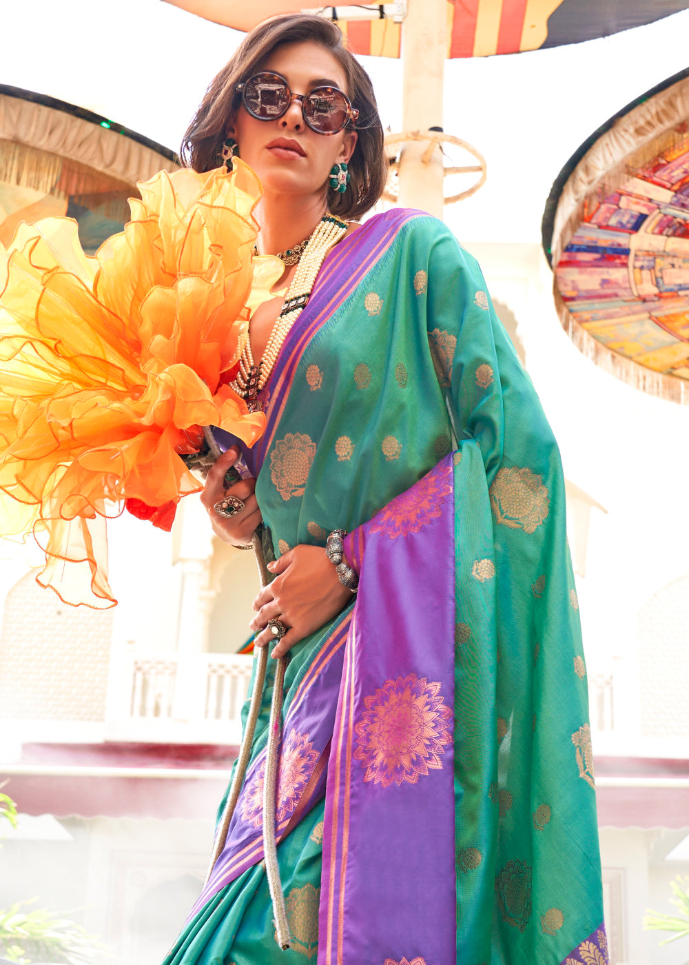 Green & Purple Handloom Woven katan Silk Saree - qivii