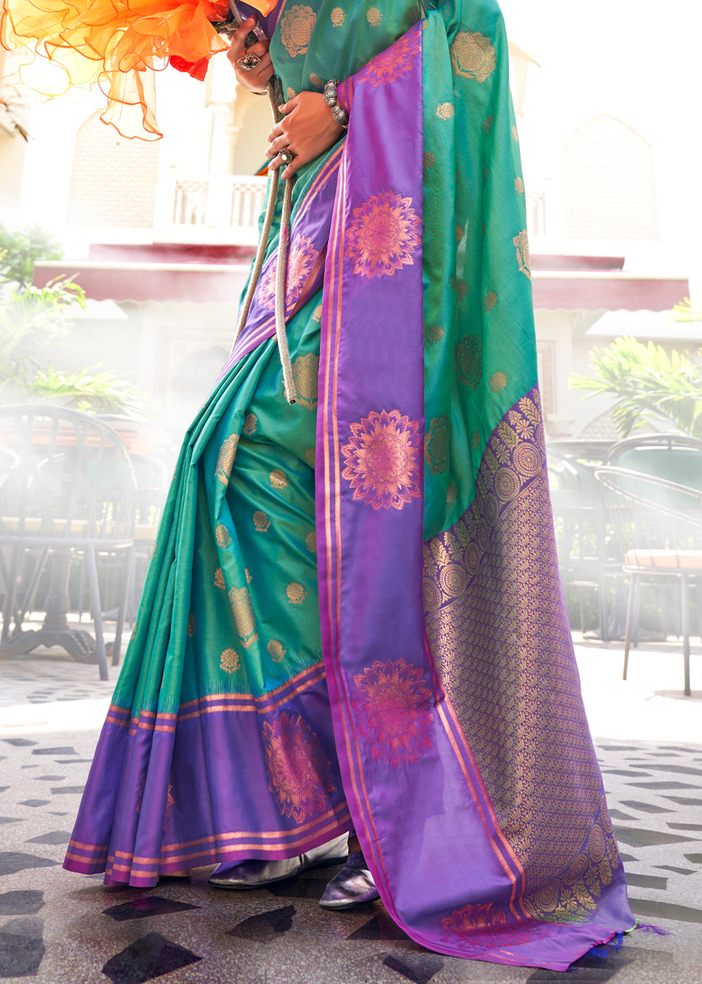 Green & Purple Handloom Woven katan Silk Saree - qivii