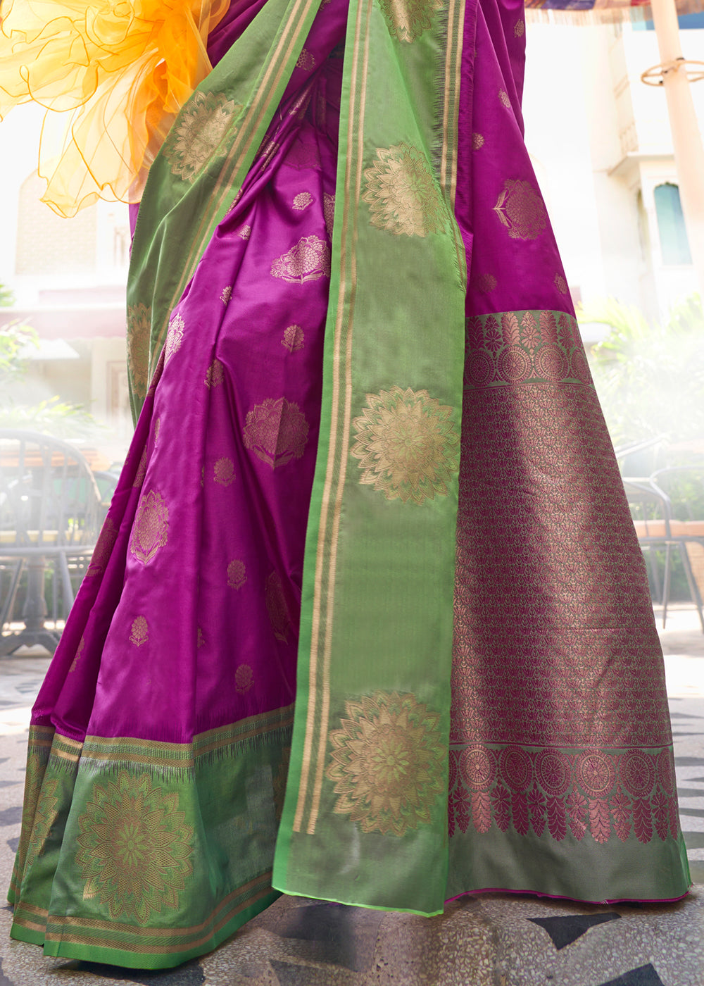 Magenta Pink & Green Handloom Woven katan Silk Saree - qivii