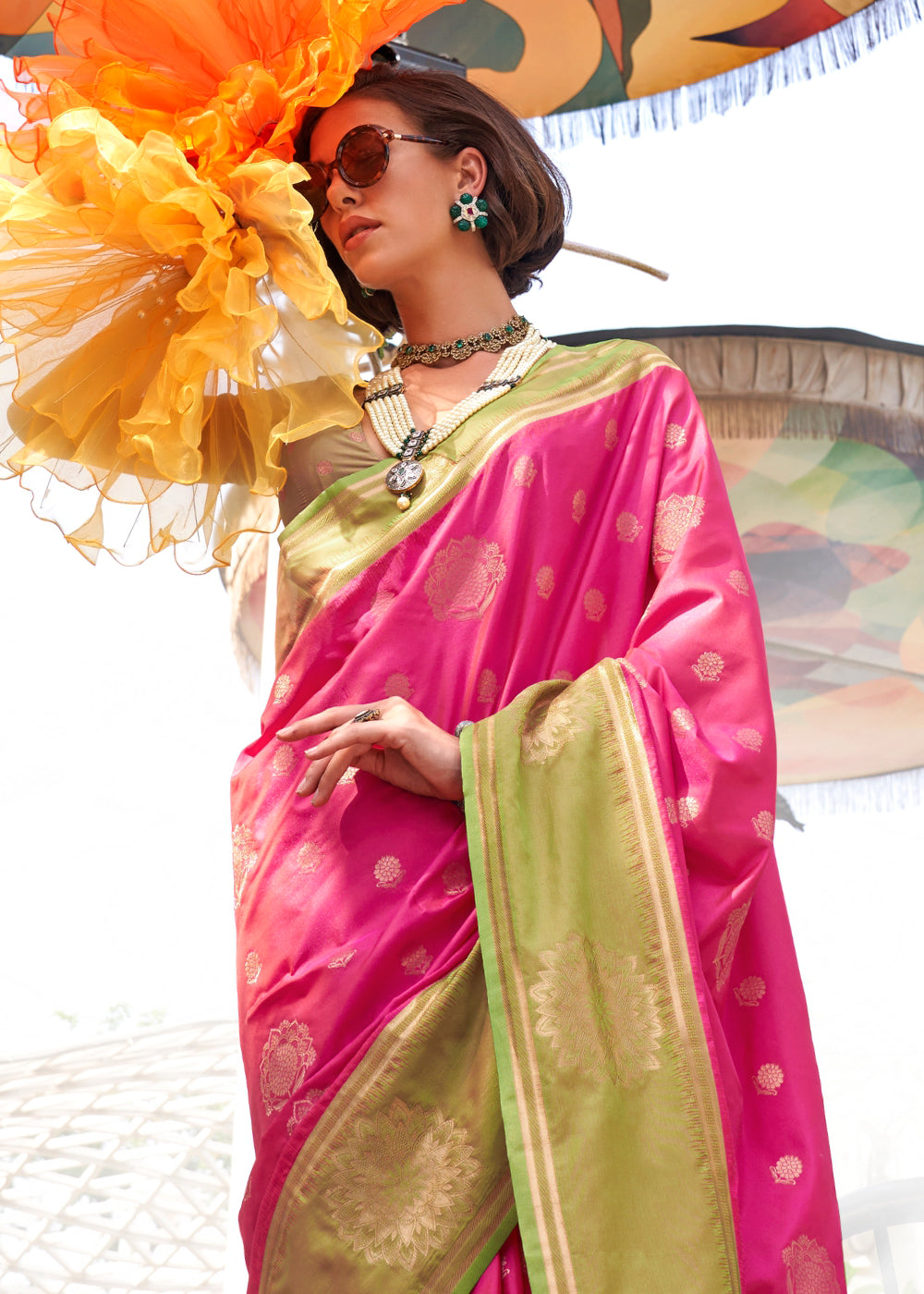 Pink & Green Handloom Woven katan Silk Saree - qivii