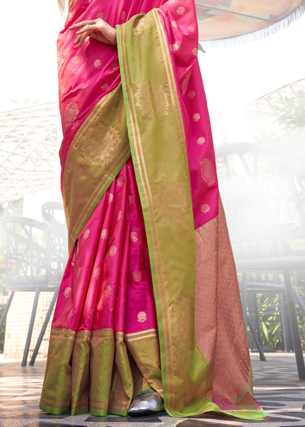 Pink & Green Handloom Woven katan Silk Saree - qivii