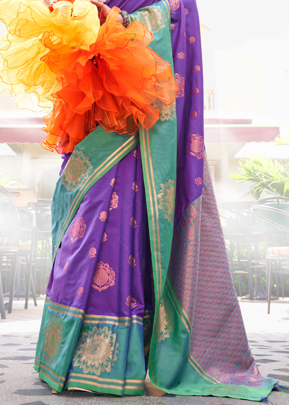 Purple & Blue Handloom Woven katan Silk Saree - qivii