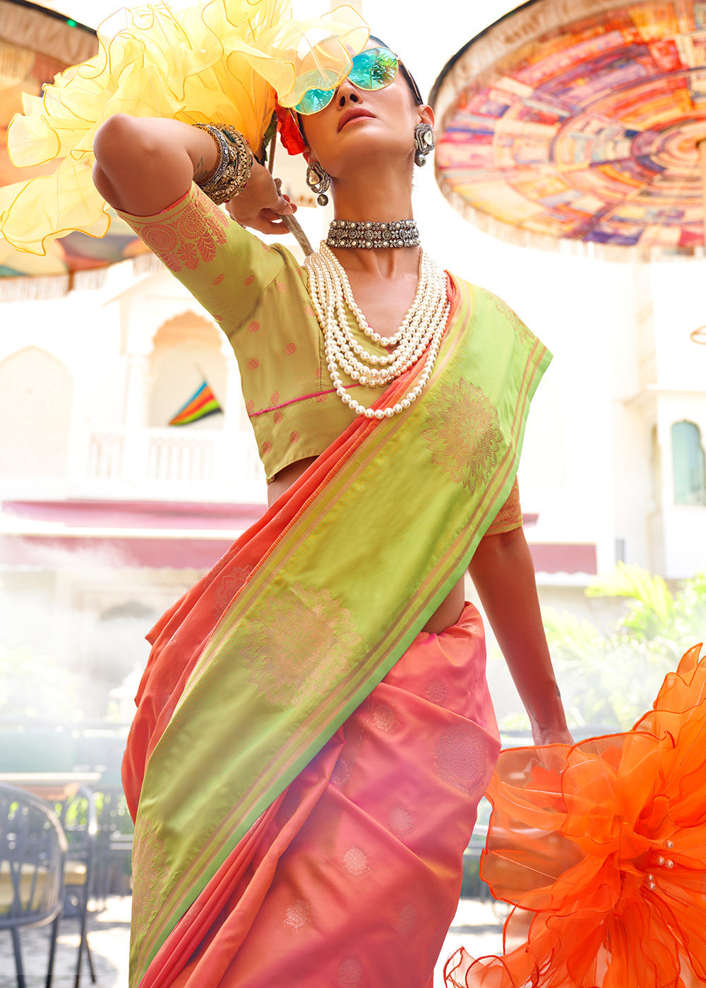 Orangish Pink & Green Handloom Woven katan Silk Saree