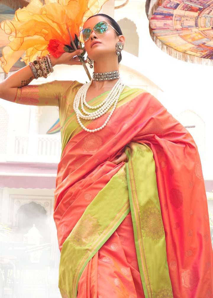 Orangish Pink & Green Handloom Woven katan Silk Saree