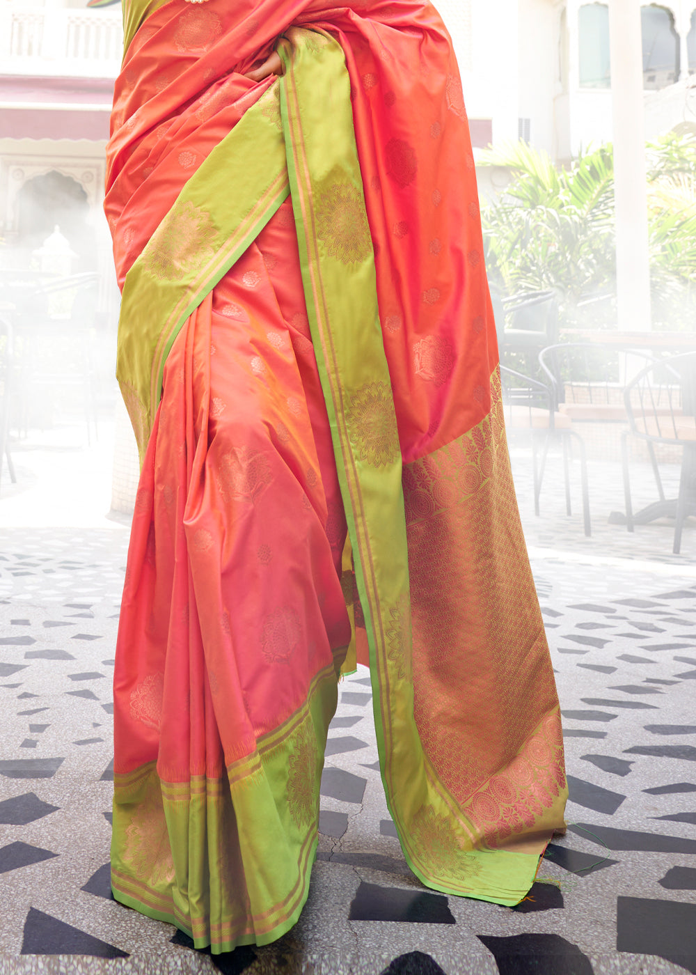 Orangish Pink & Green Handloom Woven katan Silk Saree - qivii