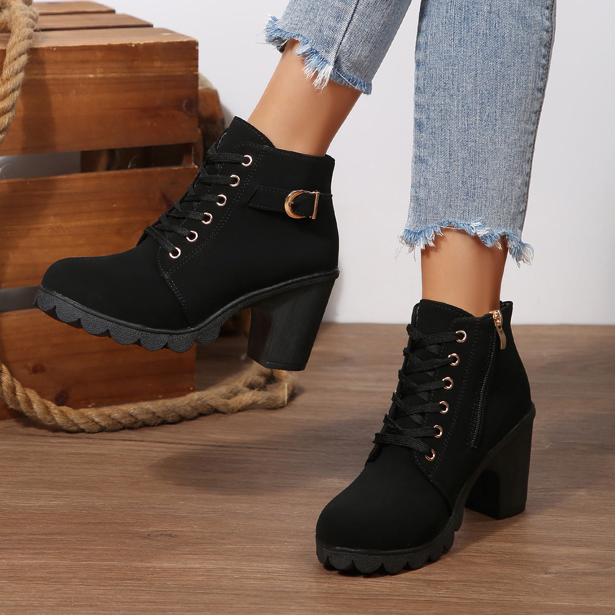 Women's Buckle Decorated Chunky Heel Ankle Boots - Side Zipper & Lace-Up Round Toe Mid-Calf Equestrian Boots (US 4-10)