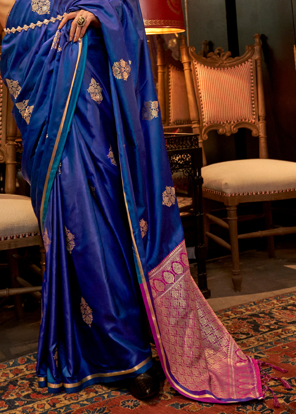 Traditional Indian saree in azure blue with two tone satin silk