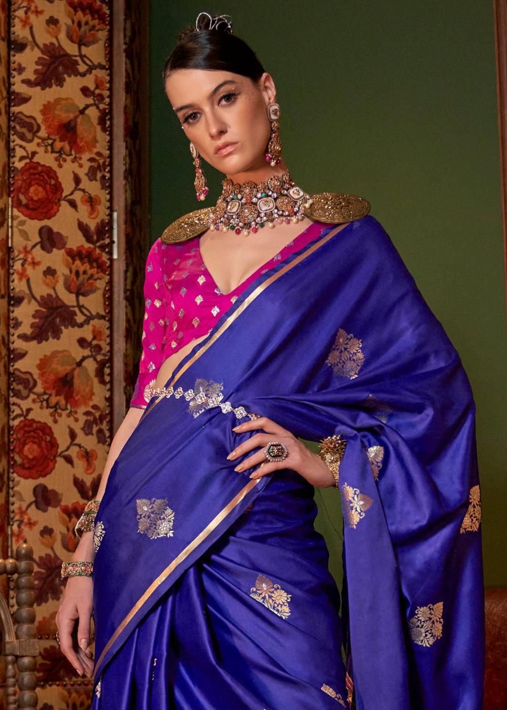 Admiral Blue Two Tone Satin Silk Saree with Contrast Pallu & Blouse - qivii