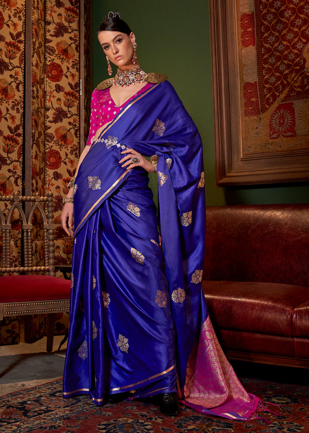 Admiral Blue Two Tone Satin Silk Saree with Contrast Pallu & Blouse - qivii