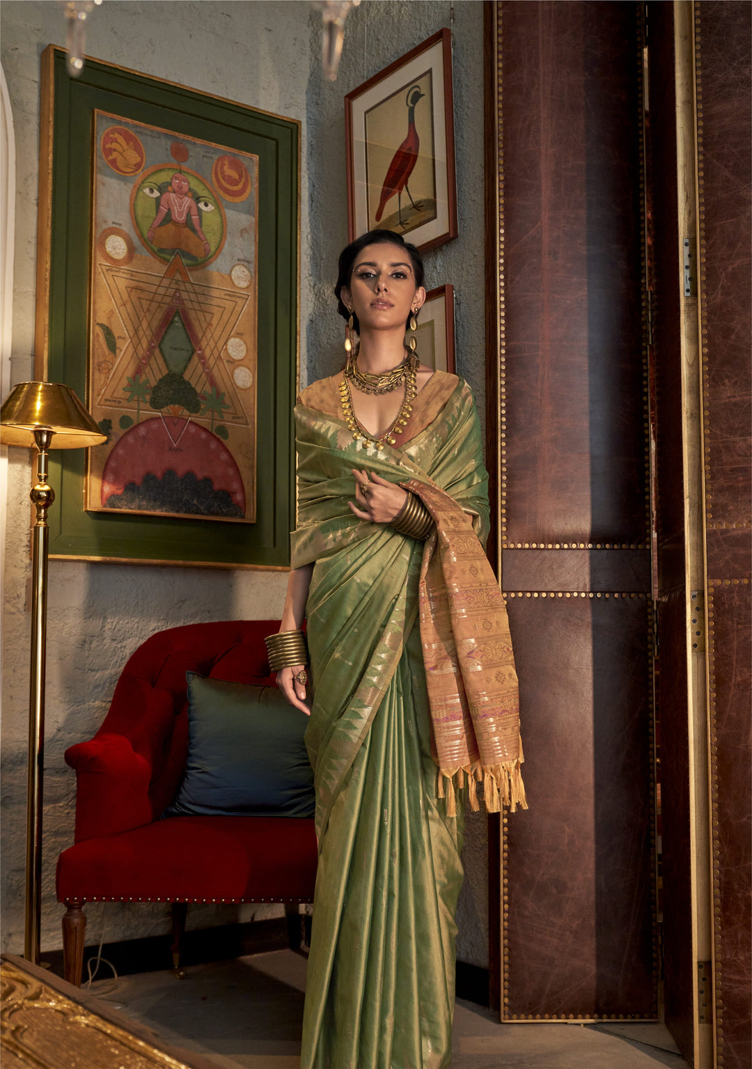 Green Color Tussar Silk Handloom Weaving With Contrast Ikkat Design Pallu Saree