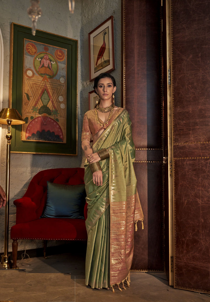 Green Color Tussar Silk Handloom Weaving With Contrast Ikkat Design Pallu Saree