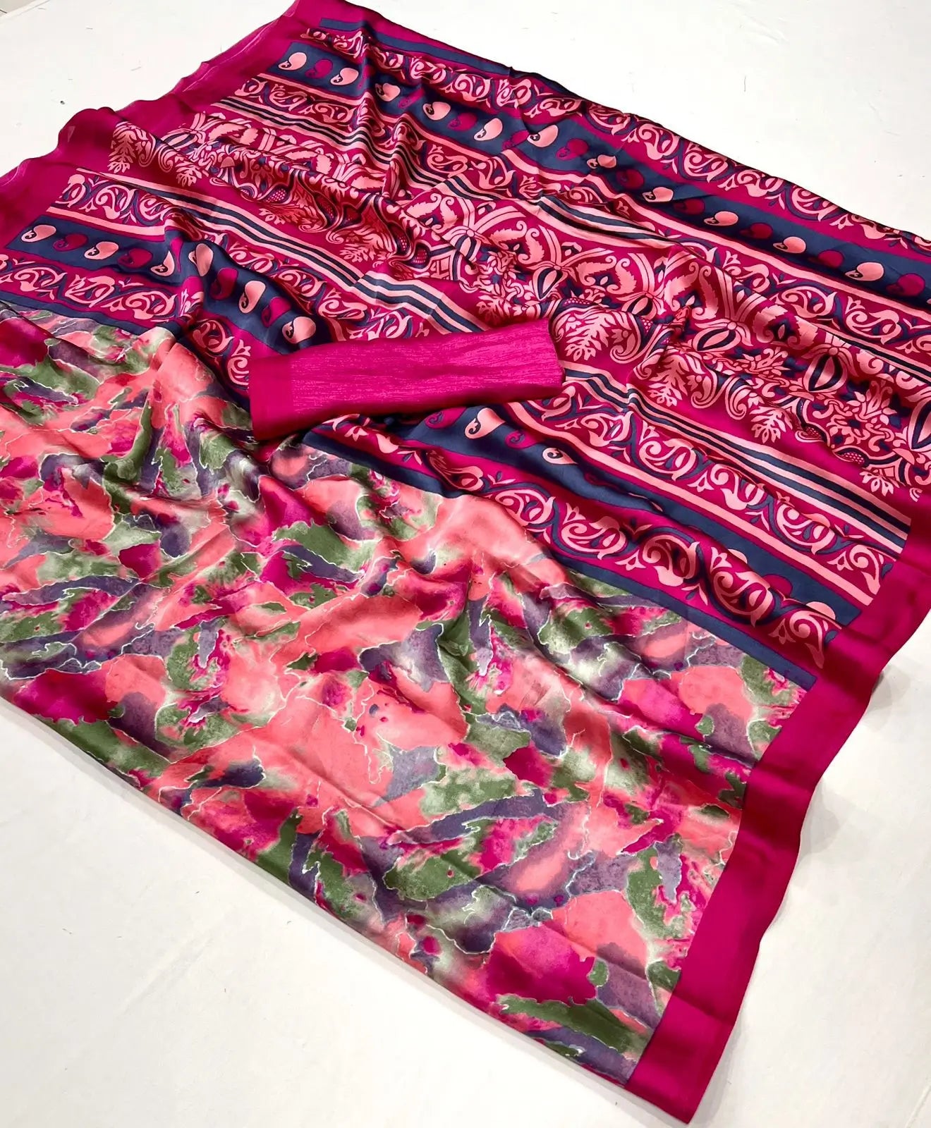 Candy Pink Satin Crepe Digital Printed Saree