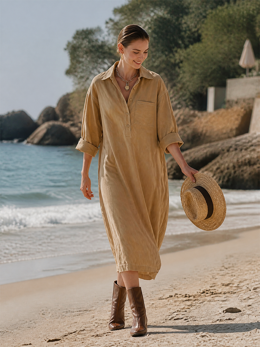 Women's Casual Cotton Collared Button-Placket Patch-Pocket Dropped-Shoulder Long-Sleeve Relaxed Midi Dress MDZ2411H6CMX