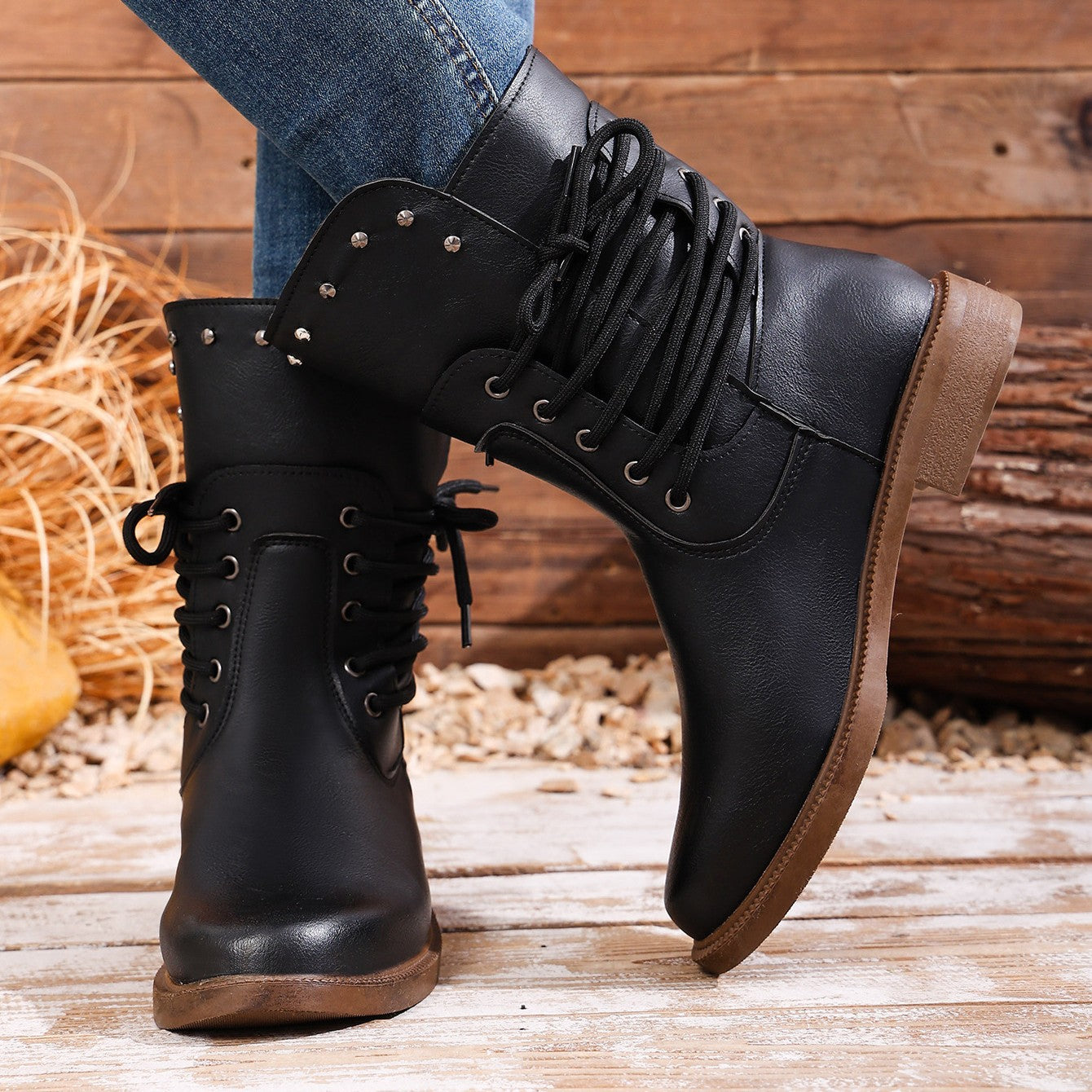 Women's Rivet Roma Boots - Side Lace Chunky Heel Mid Calf Boots (US 4-10.5)