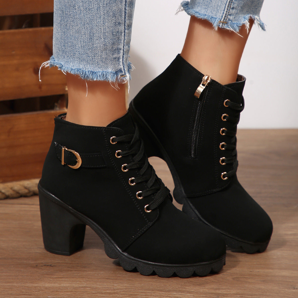 Women's Buckle Decorated Chunky Heel Ankle Boots - Side Zipper & Lace-Up Round Toe Mid-Calf Equestrian Boots (US 4-10)