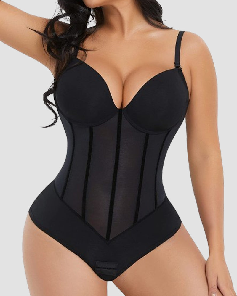 Women's Tummy Control Thong Sheer Mesh Corset Top Backless Bodysuits  - By Qivii