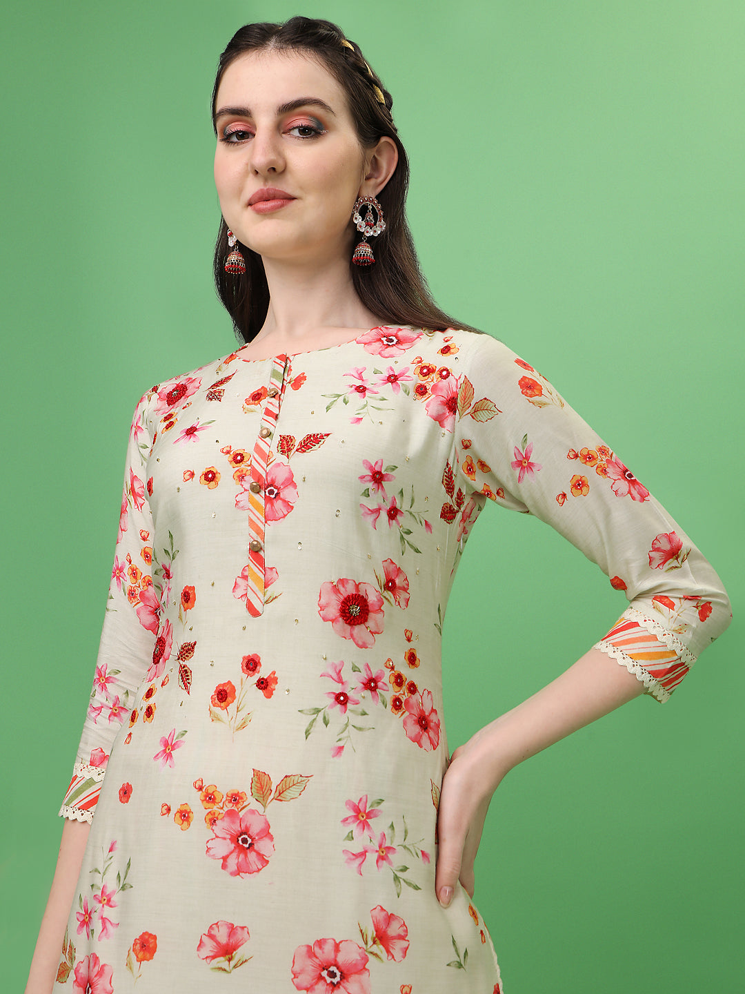 Cream Tusser Printed Kurta by Qivii