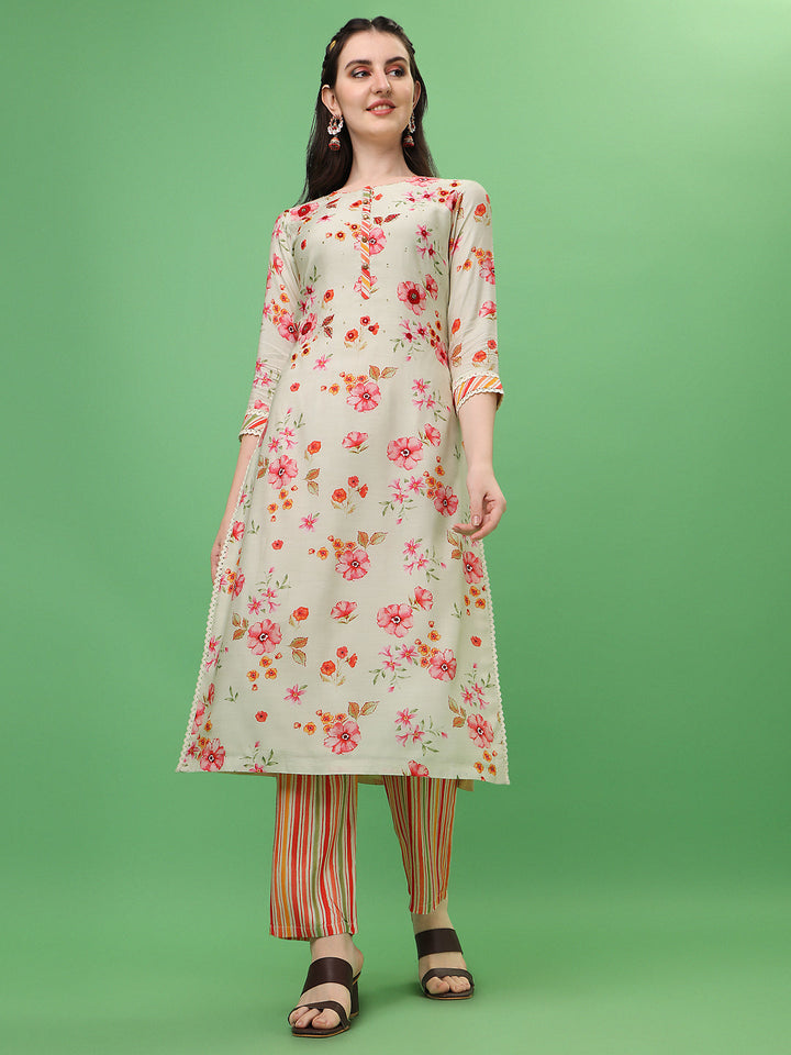 Cream Tusser Printed Kurta by Qivii