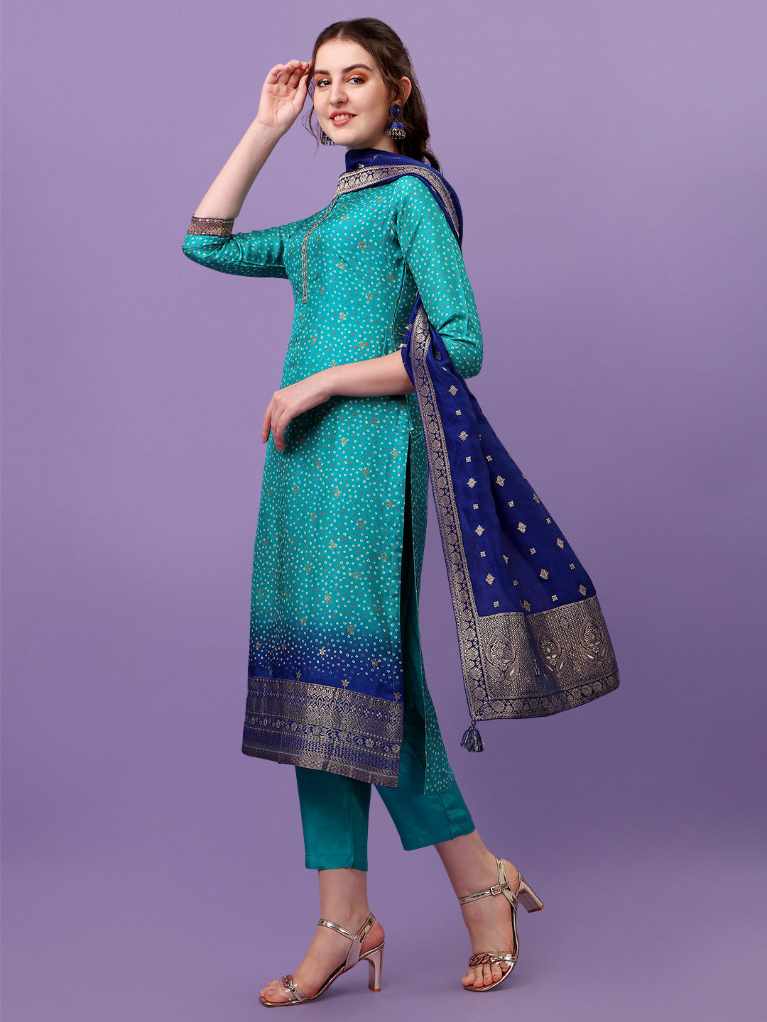 Rama Green Jacquard Kurta Suit Set by Qivii