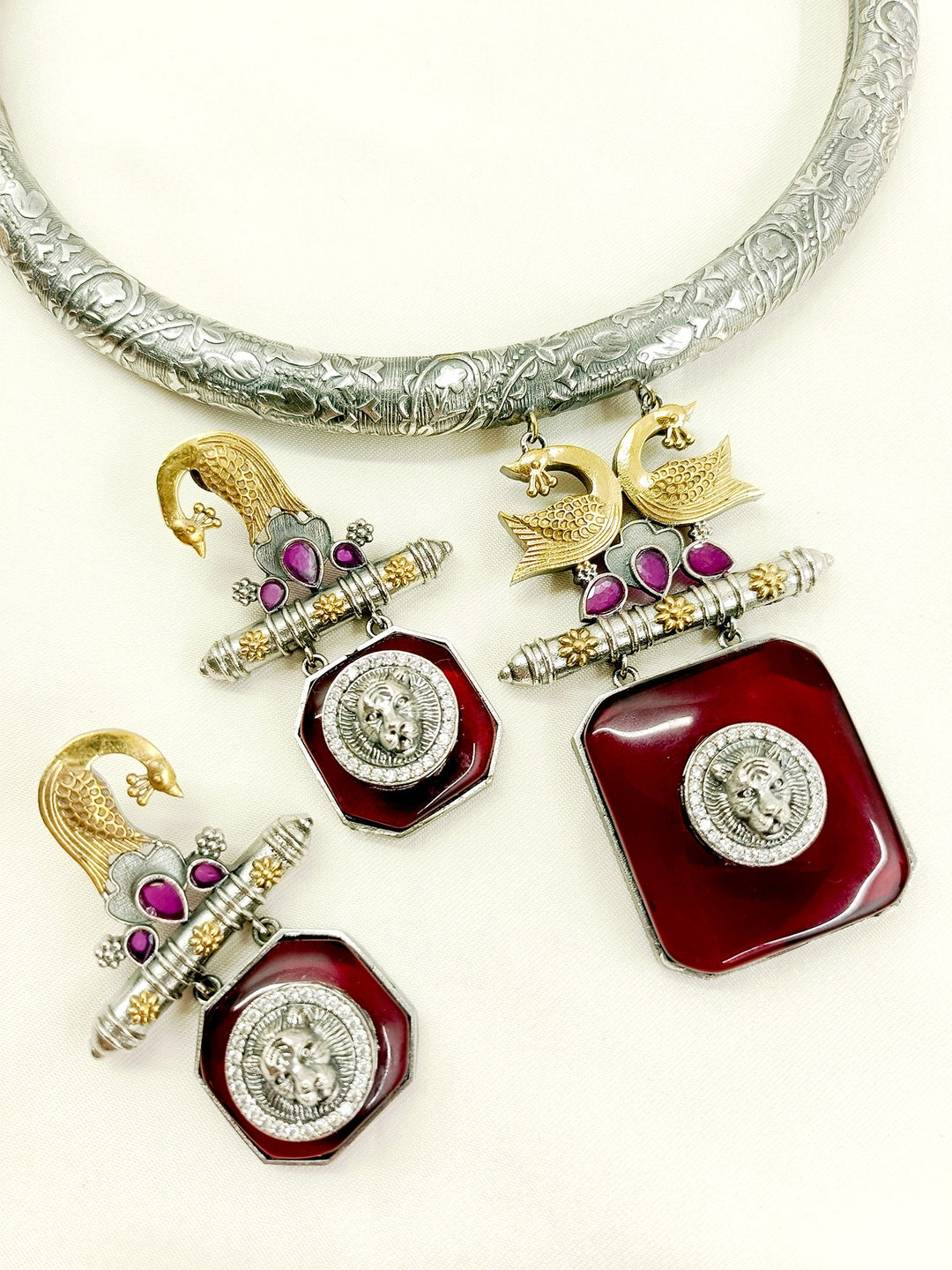 Budiwati Maroon Oxidized Hasli Style Necklace Set