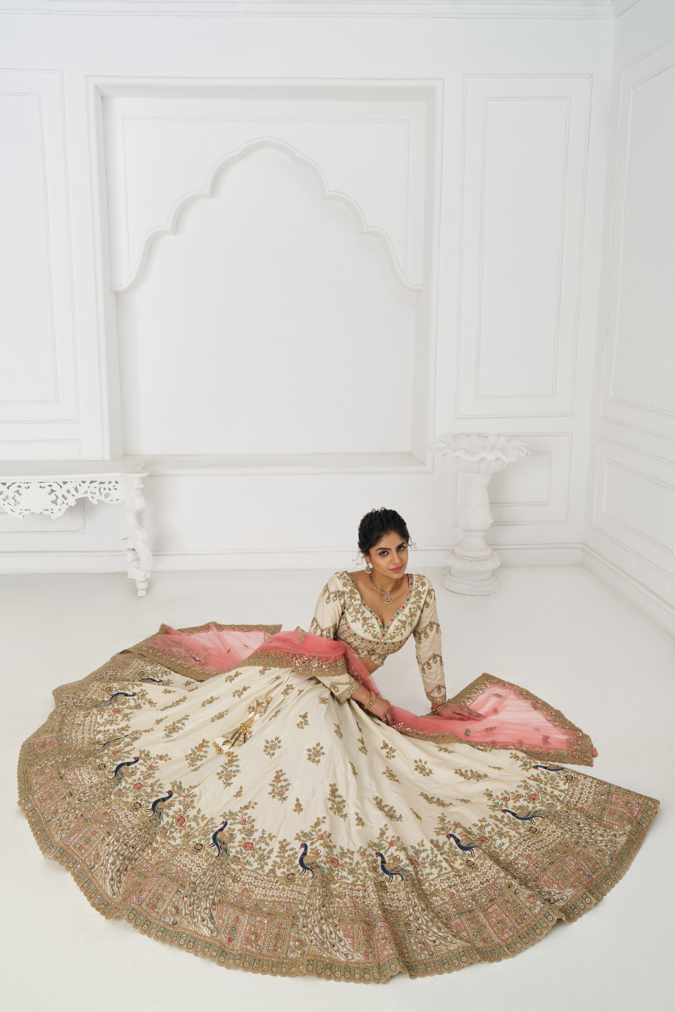 White Embroidered Zari Silk Designer Bridal Lehenga - qivii