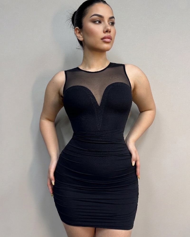 Mesh Hotfix rhinestone Sleeveless Pleat Bodycon Mini Dress  - By Qivii