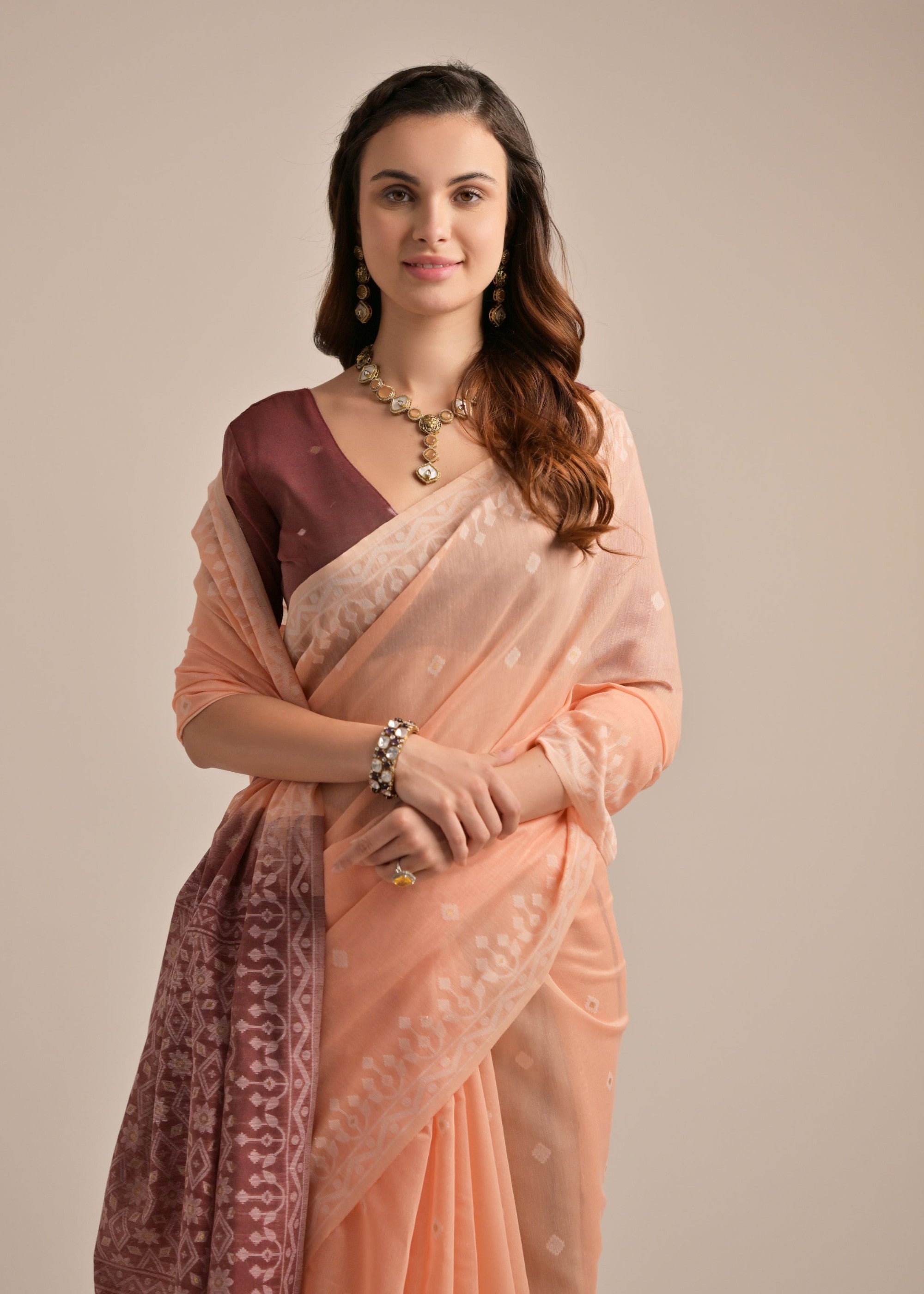 Peach Thread Butti Lakhnawi Weaves Muga Cotton Saree With Contrast Pallu - qivii