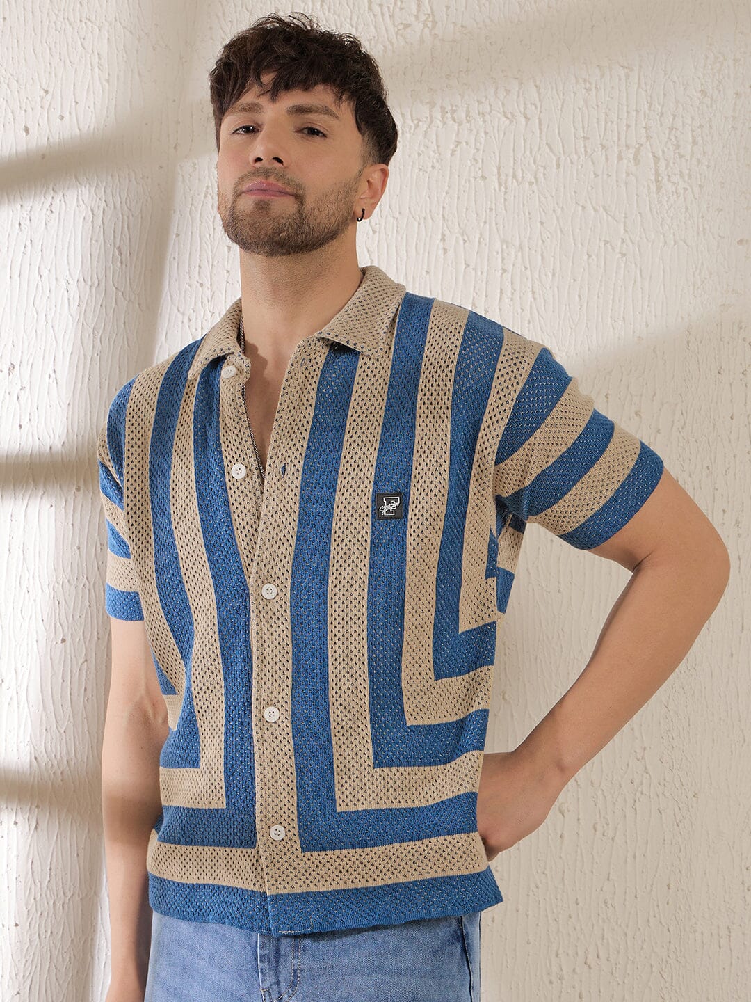 Beige & Blue Striped Crochet Knitted Shirt - qivii