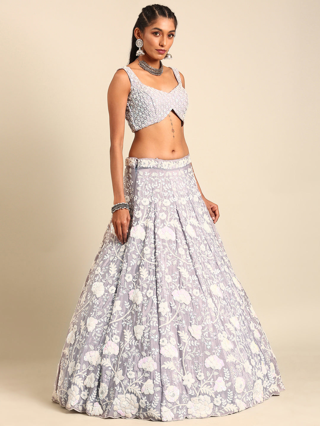 White Color Sequined Chinon Embroidered Stitched Lehenga choli