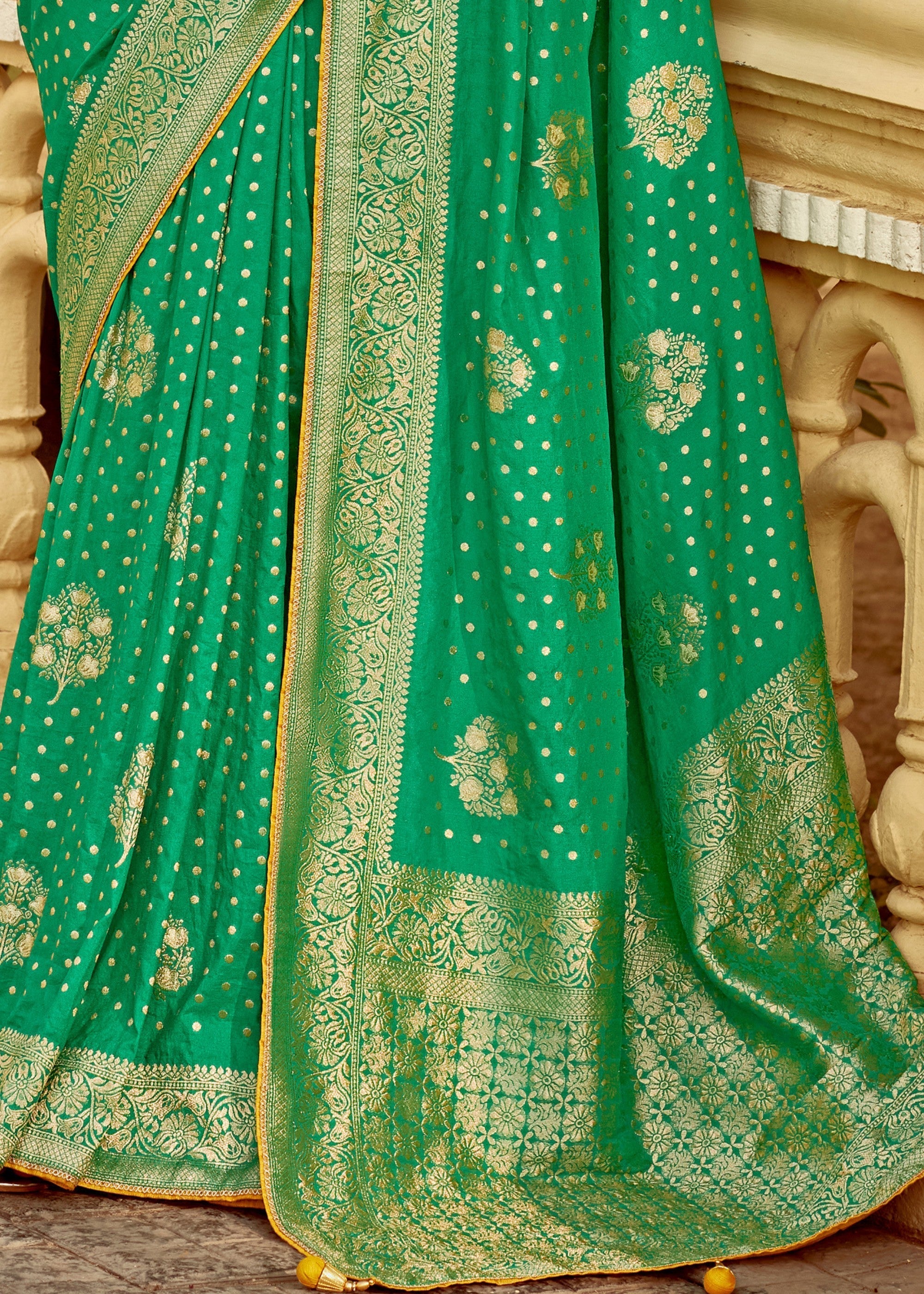 Emerald Green Dola Silk Saree Embellished With Weaving Work And Heavy Embroidered Blouse - qivii