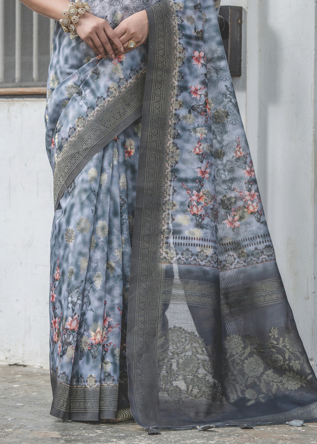 Pigeon Blue Woven Silk Saree