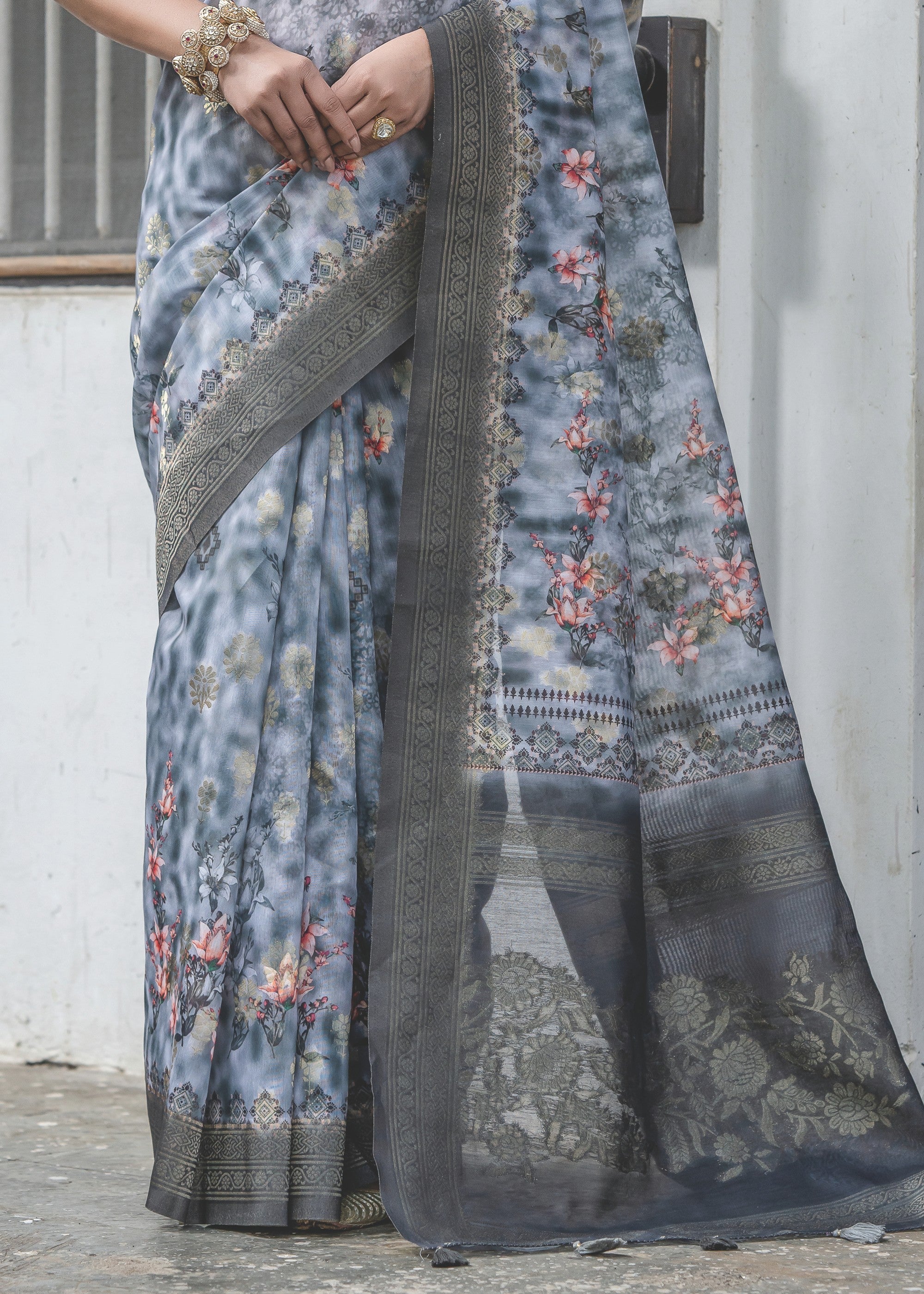 Pigeon Blue Woven Silk Saree - qivii