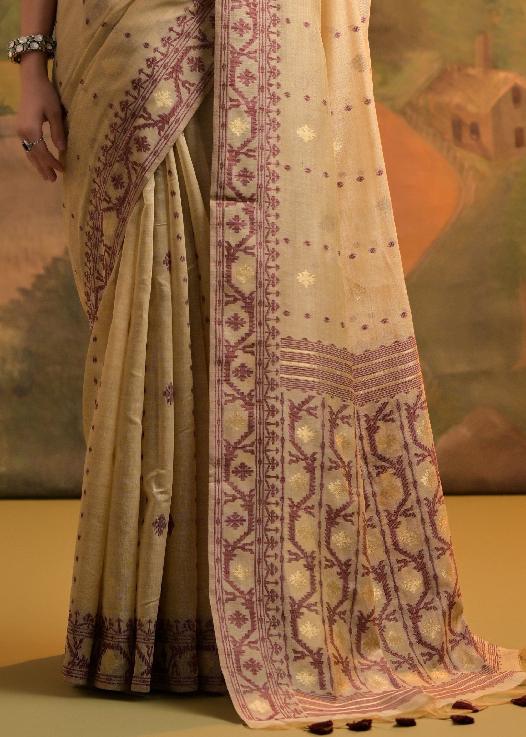 Tan Brown Thread Woven Cotton Saree With All Over Butti - qivii