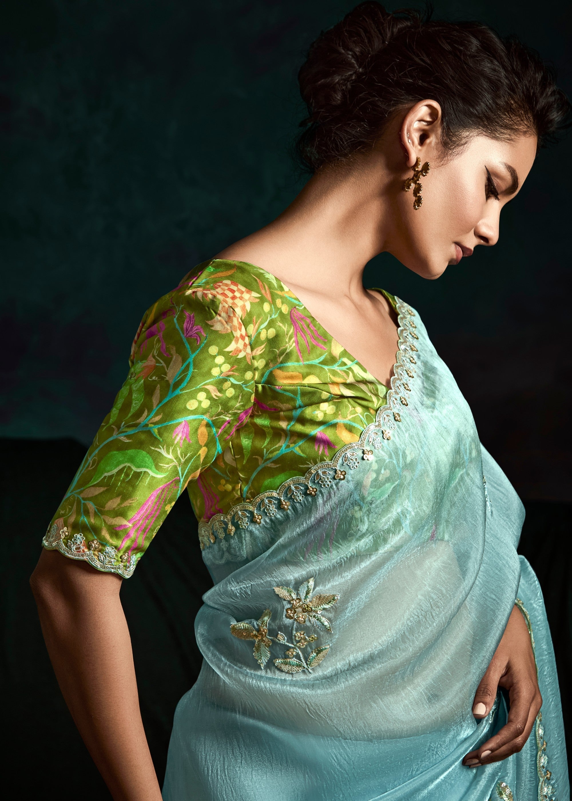 Aqua Blue Fancy Fabric Silk Saree With Sequins And Thread Embroidered Butti Work - qivii