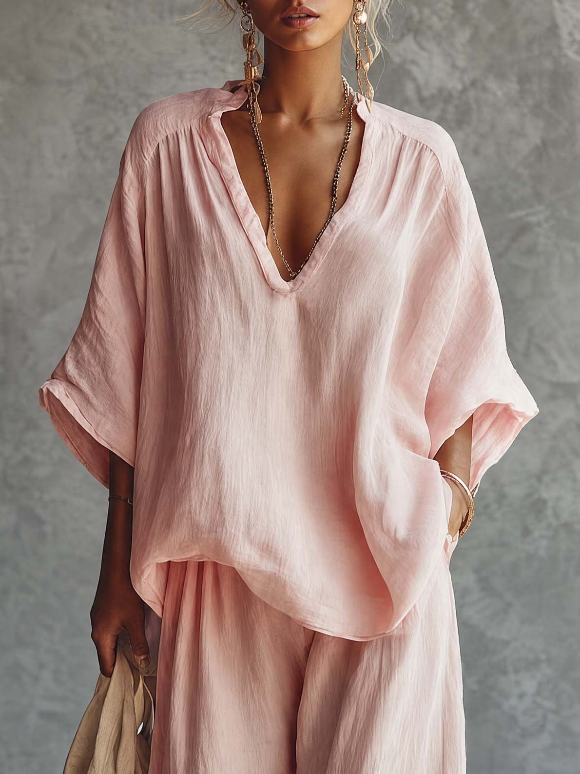 Casual Urban Bohemian Style V-neck Pink Cotton Blouse And Pants Set  - By Qivii