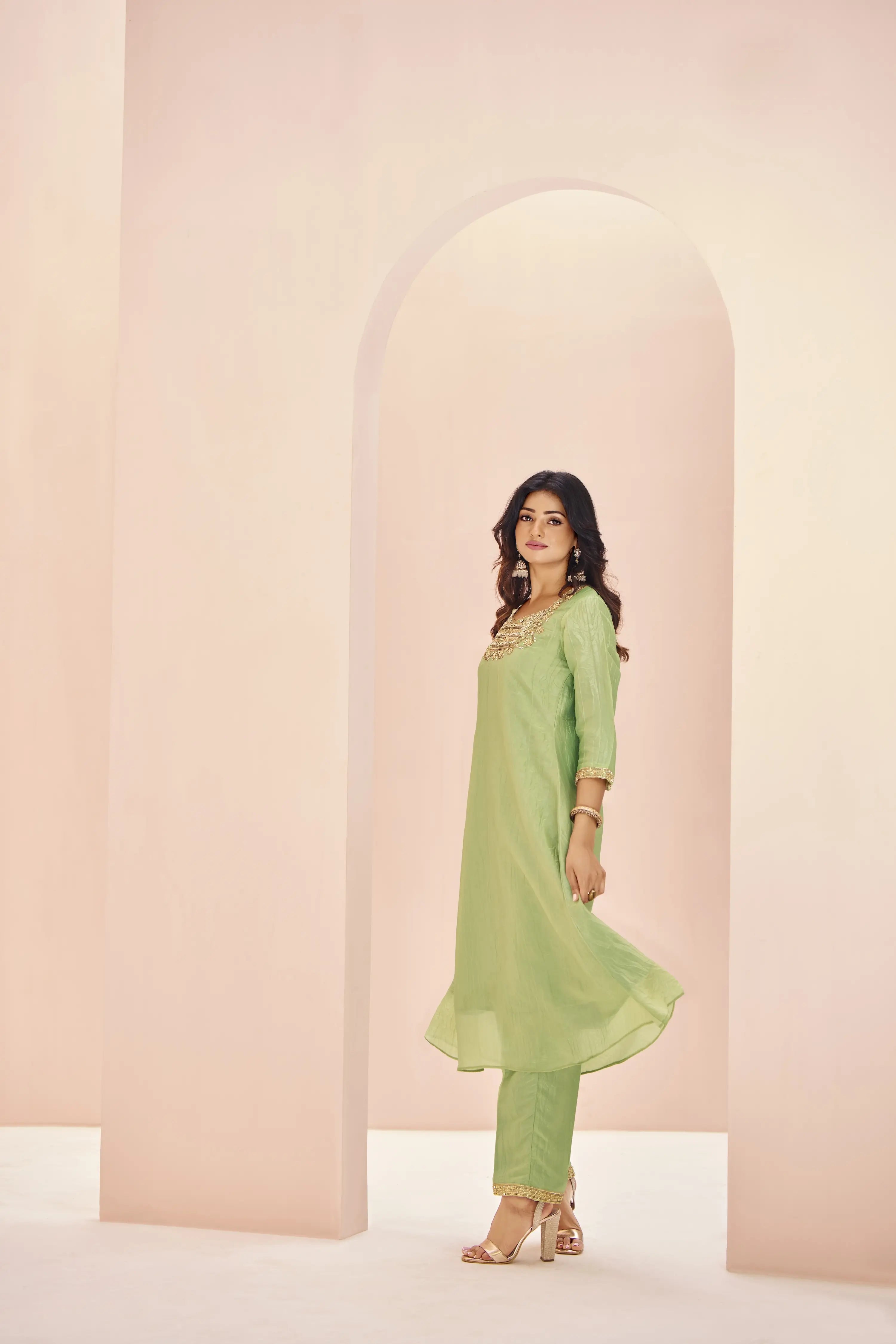 Light Green Organza Salwar Suit With Handwork - qivii