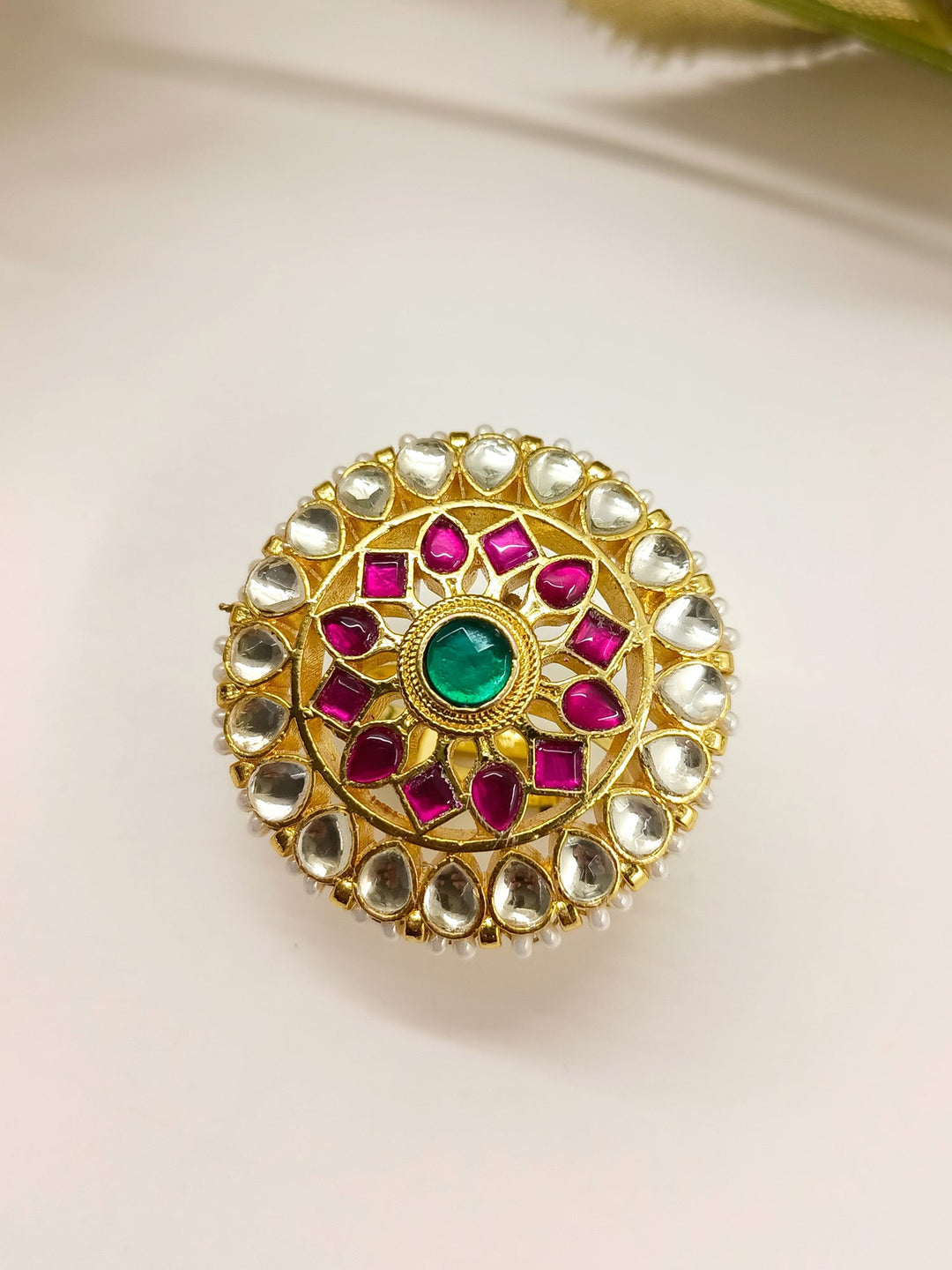  Exquisite Samidha Ruby Green Kundan Finger Ring, perfect for adding a touch of glamour to any outfit