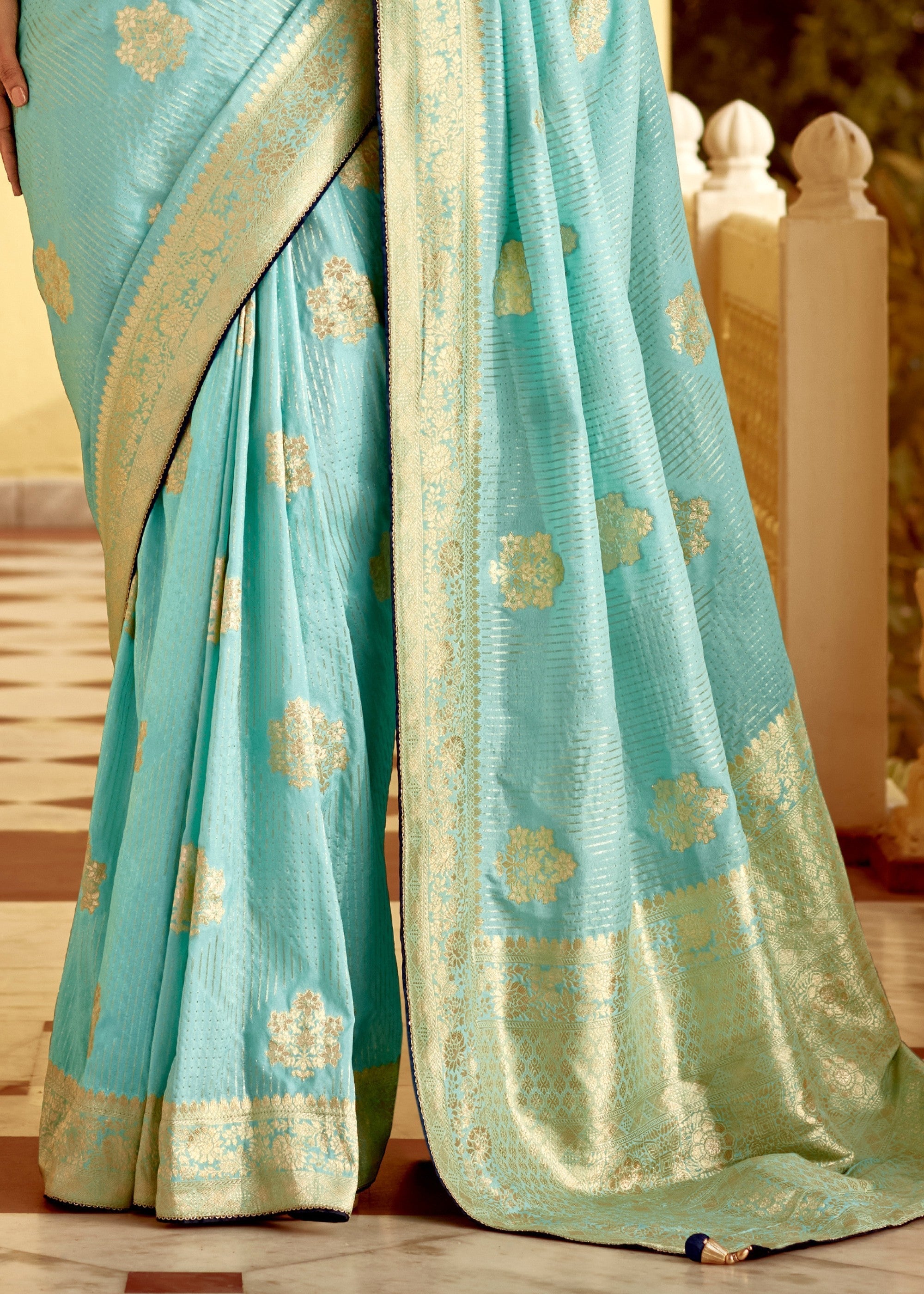 Sky Blue Dola Silk Saree Embellished With Weaving Work And Heavy Embroidered Blouse - qivii