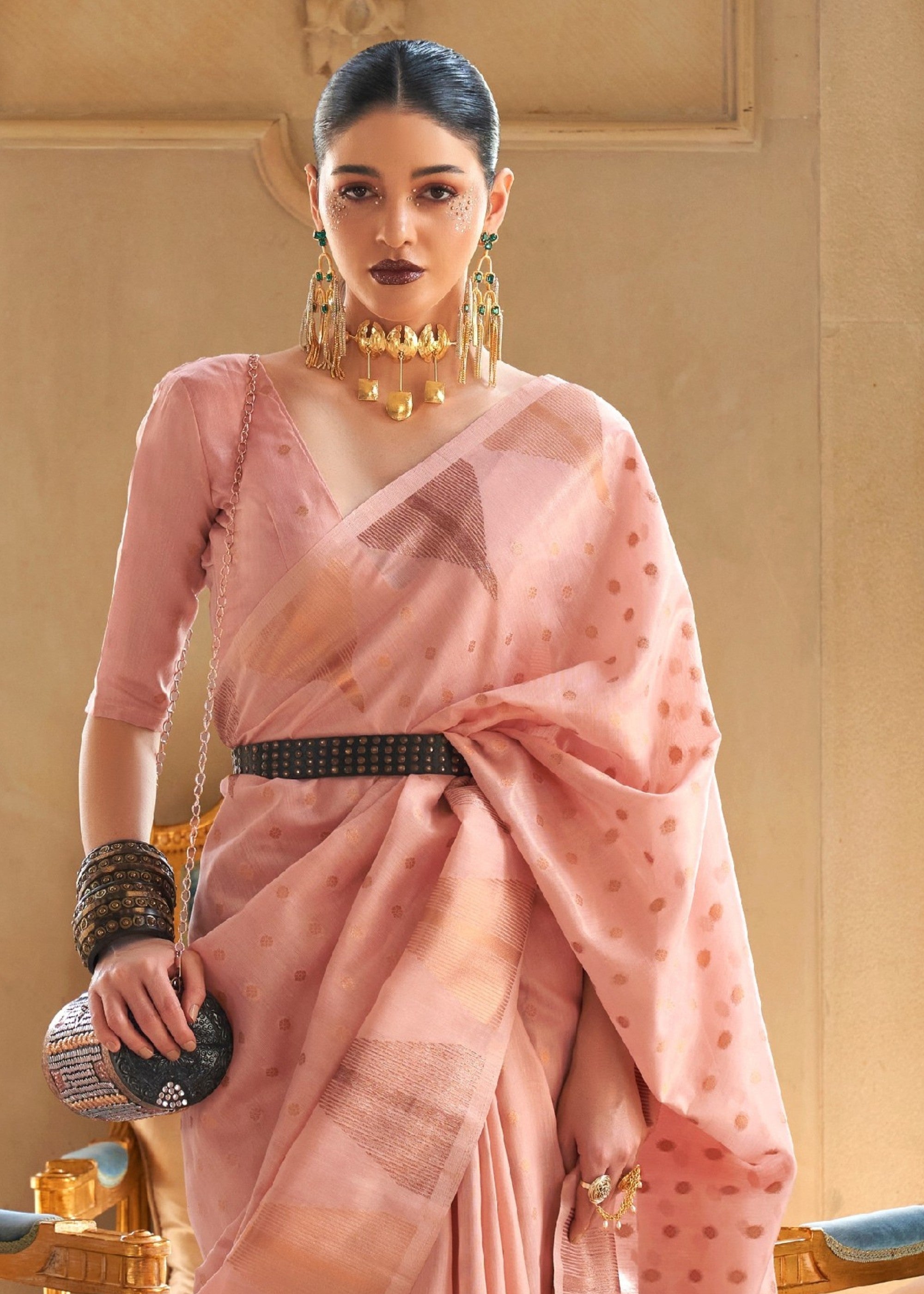 Pastel Pink Tissue and Khicha Zari Handloom Weaving Silk Saree - qivii