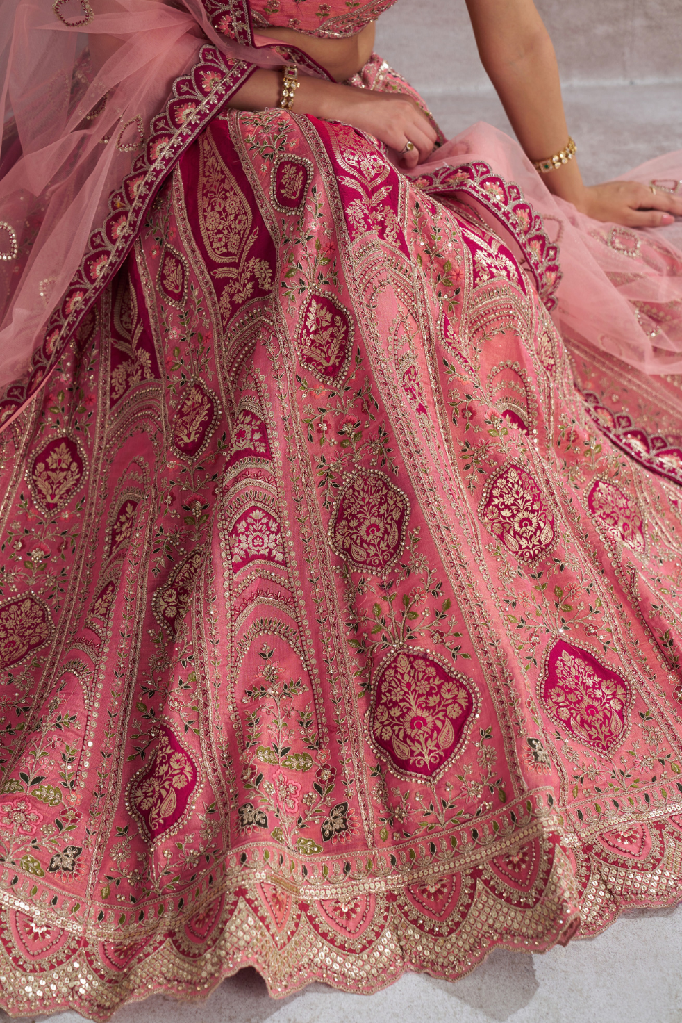 Pink Aari Embroidered Banarasi Wedding Lehenga - qivii
