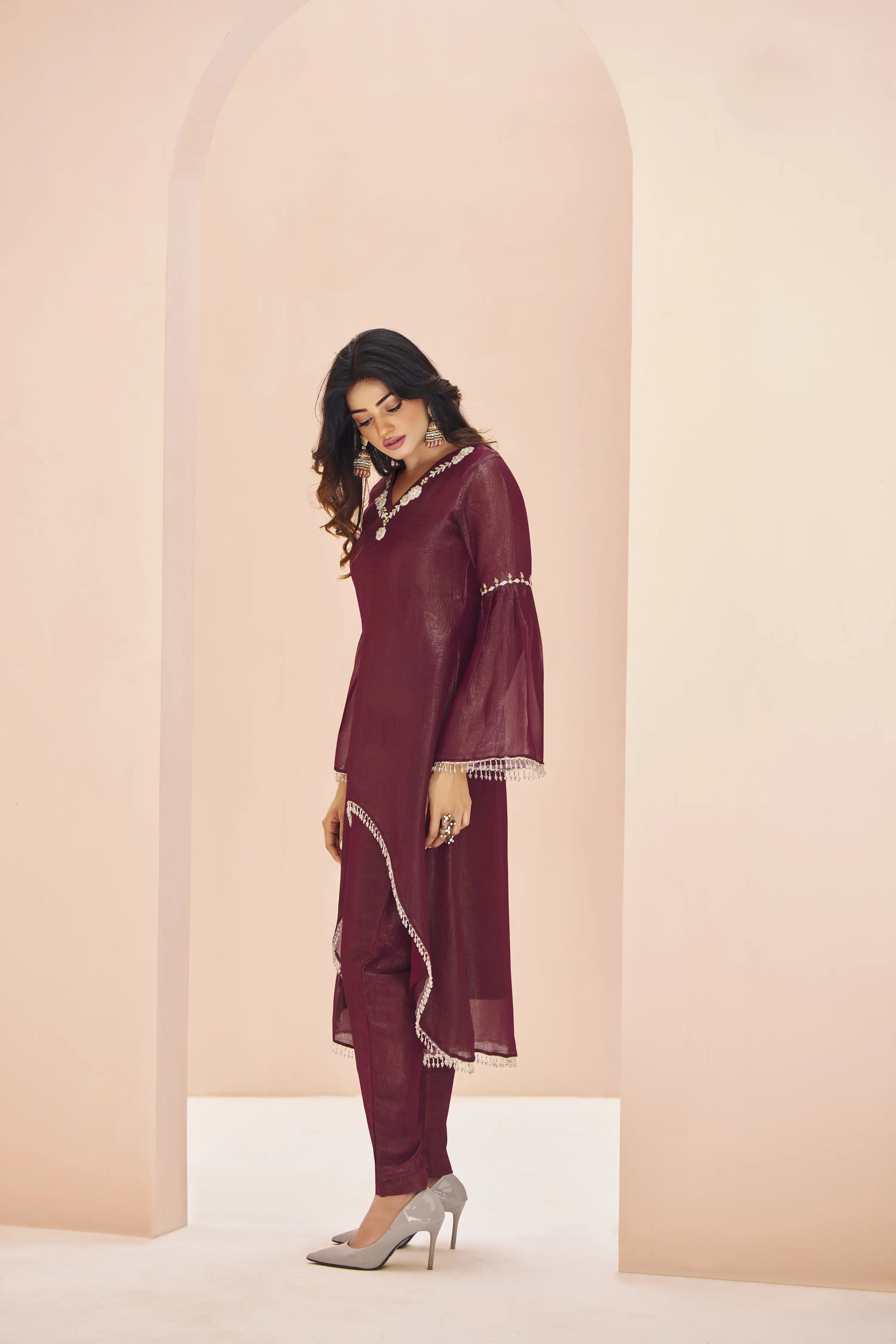 Maroon Organza Salwar Suit With Handwork - qivii
