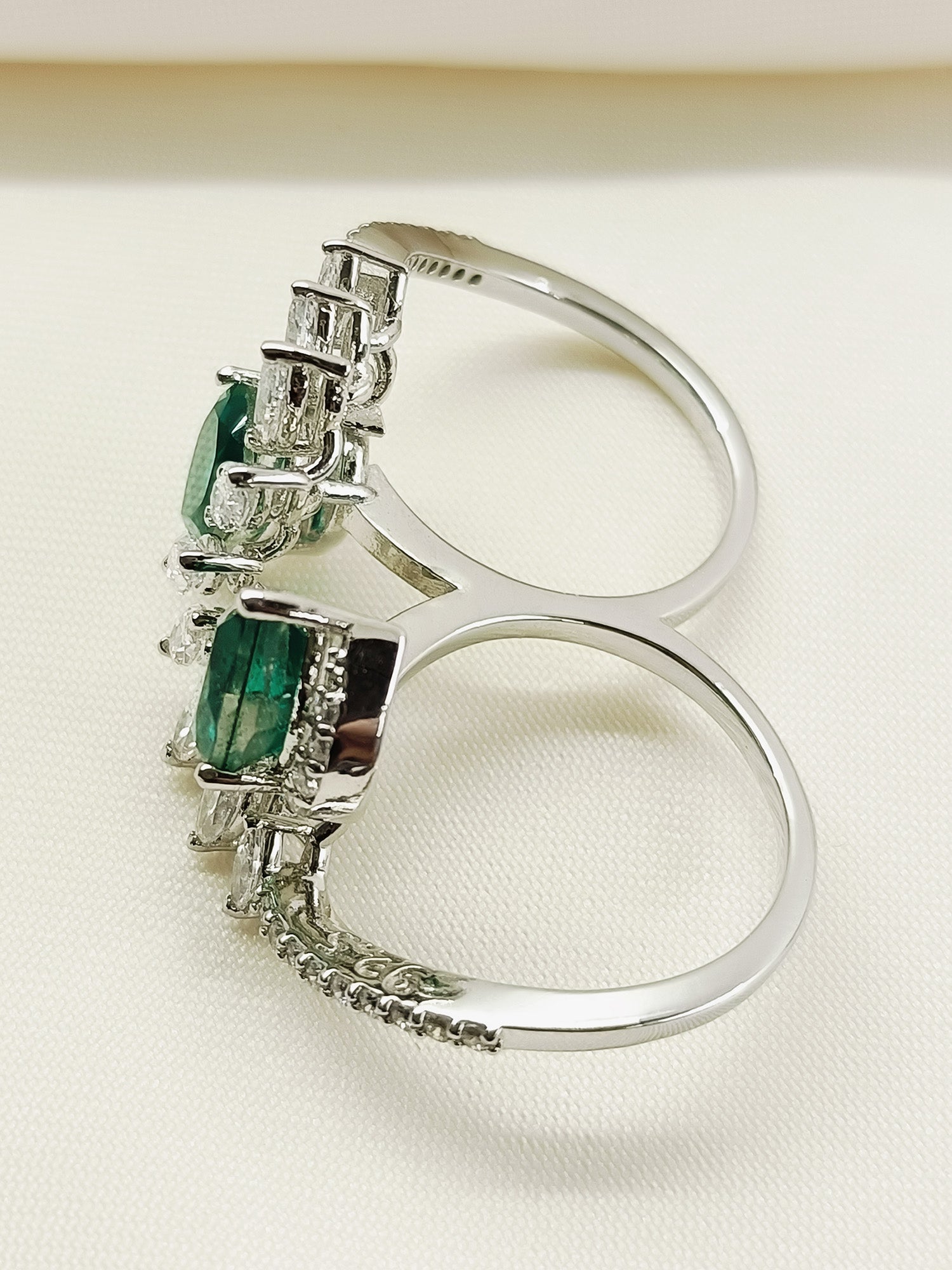 Estelle Green 92.5 Silver American Diamond Double Finger Ring - qivii